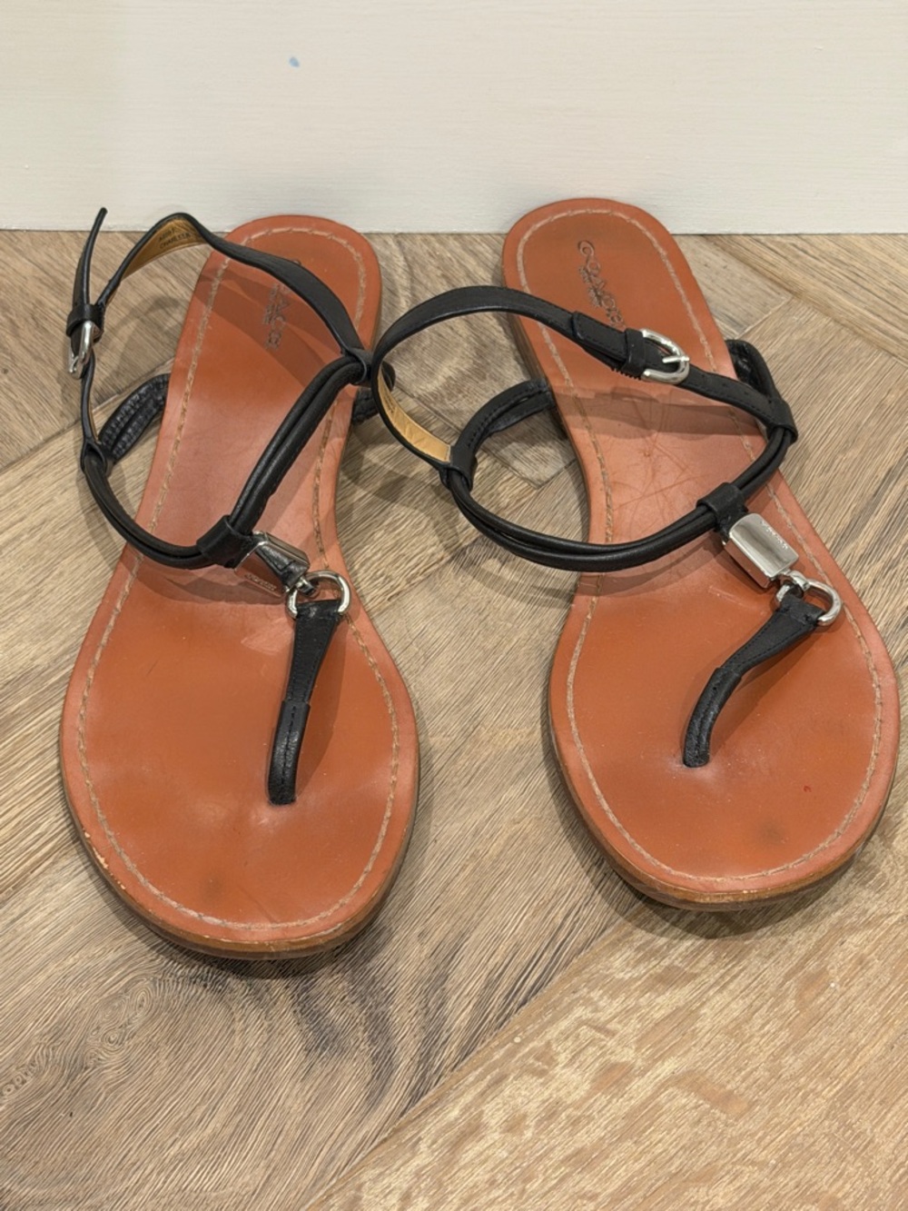Coach Black Leather T-Strap Sandals
